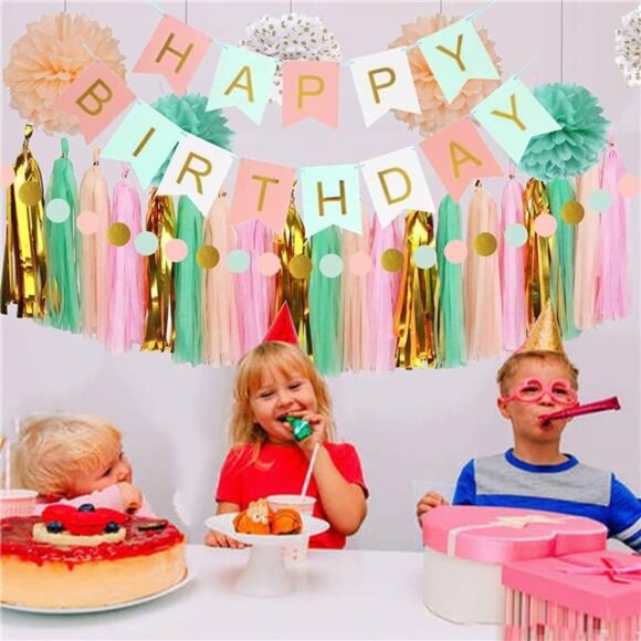 Mint Peach Birthday Party Decorations, Happy Birthday Decoration Set with Banner - Picture 3 of 8